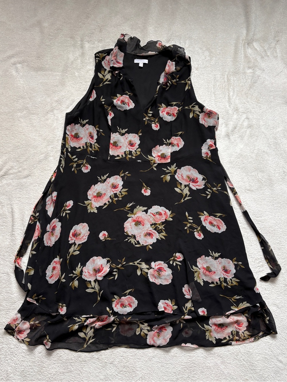 Black Floral Ruffle Neck Sleeveless Dress